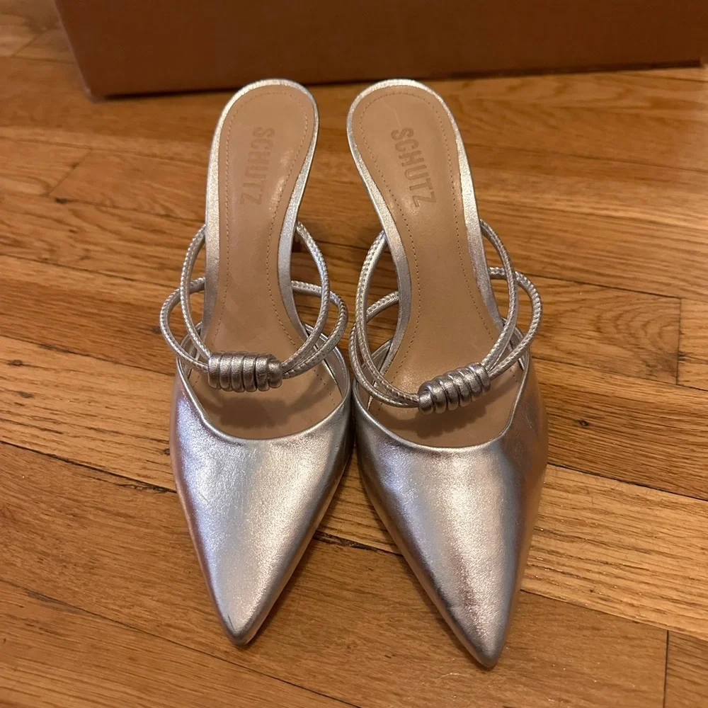 Schutz Silver Lela Heeled Mules Size 7 - Picture 1 of 5